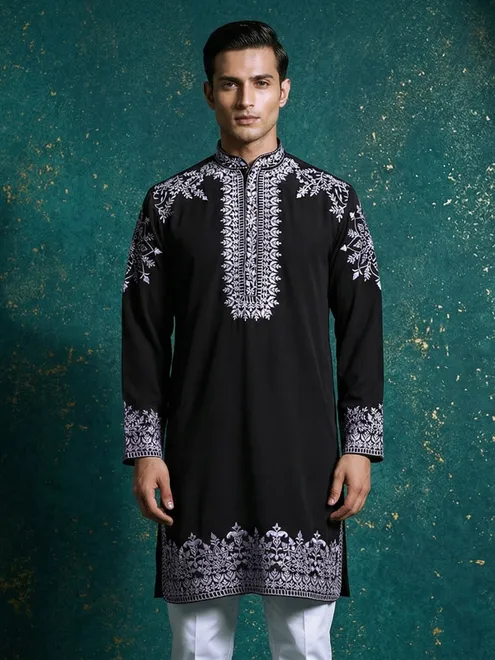 Black silk embroidered festive wear kurta