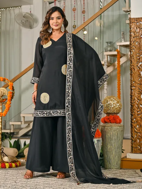 Black silk embroidered palazzo set