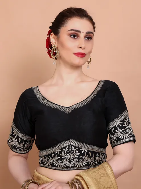 Black silk embroidered sweetheart neck ready made blouse for women