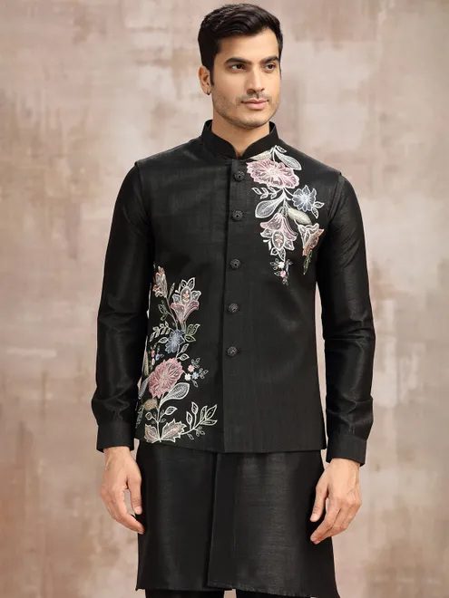 Black silk embroidered waistcoat set