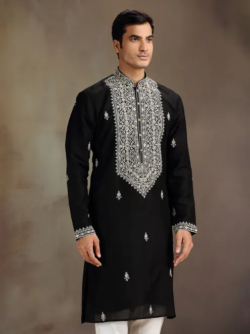 Black silk embroidered work kurta suit