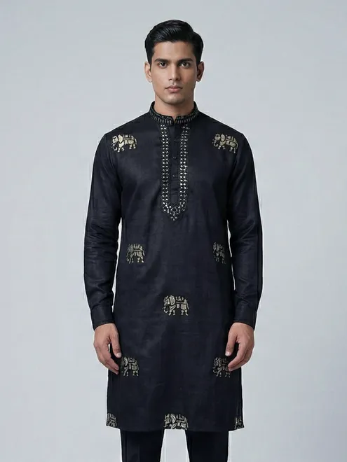 Black silk embroidery work festive wedding kurta