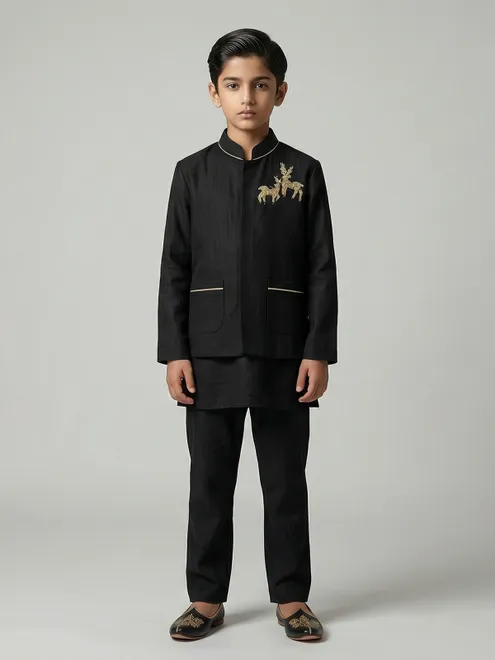 Black silk festive wear boys waistcoat set