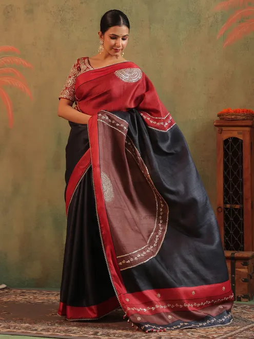 Black silk festive wear saree with print