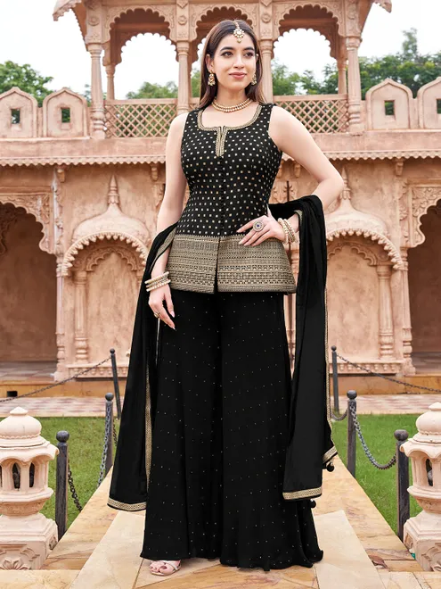Black silk georgette palazzo suit with stone accents