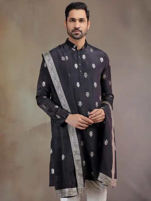 Black silk kurta pajama with zari work
