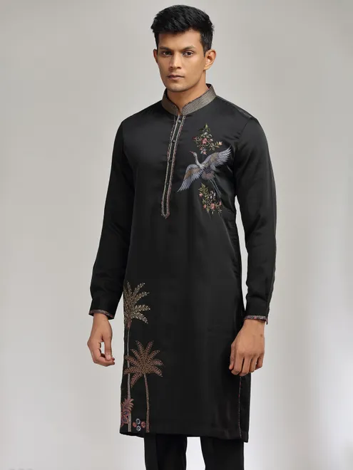 Black satin linen kurta suit with embroidery detailing