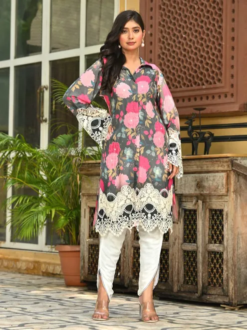 Black silk kurti set featuring beaded elegance