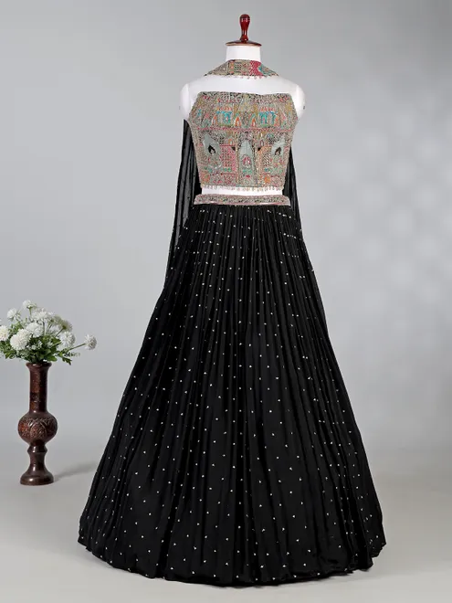Black silk lehenga choli with mirror and zardosi work
