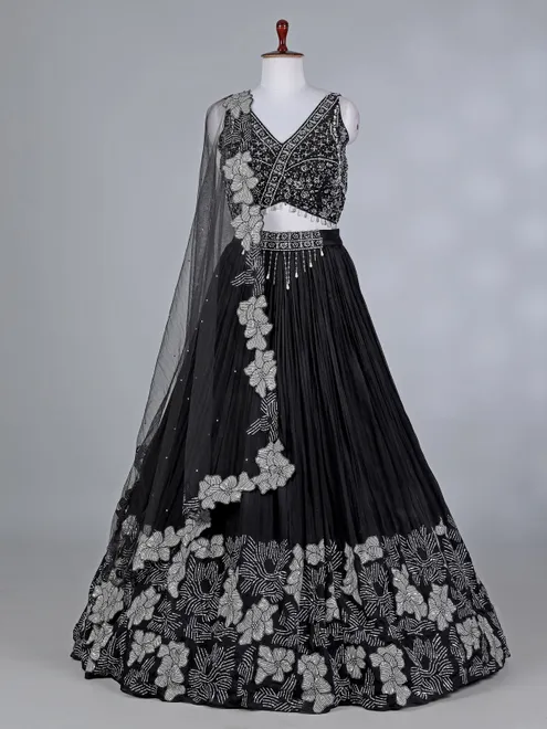 Black silk lehenga choli with patchwork sparkle