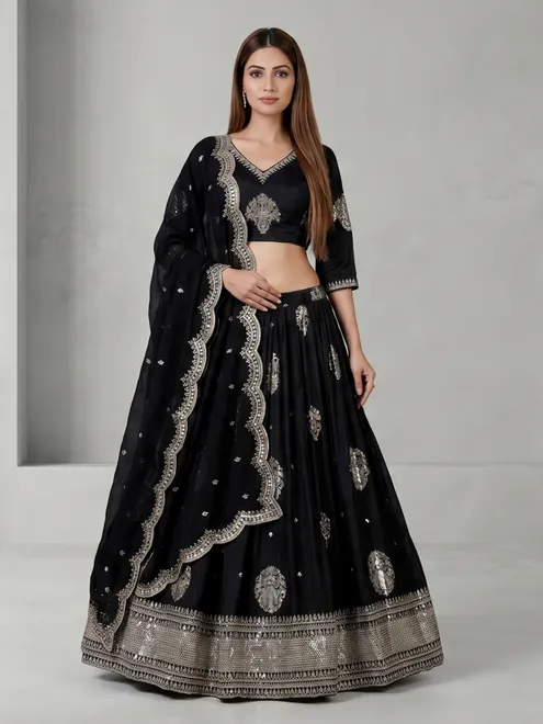 Black silk lehenga choli with sequin embroidery work