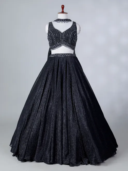 Black silk lehenga choli with zari accents