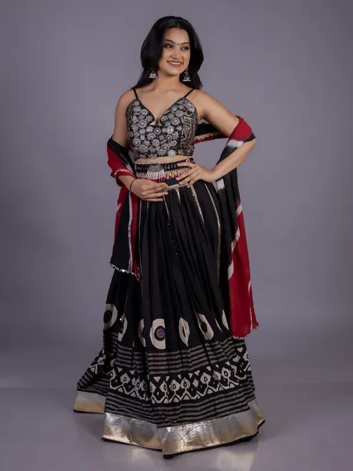 Black silk navratri chaniya choli with fancy blouse