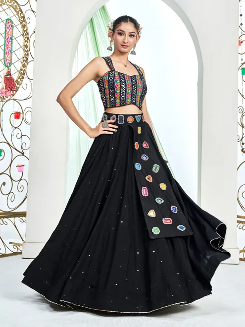 Black silk navratri lehenga choli with mirror work