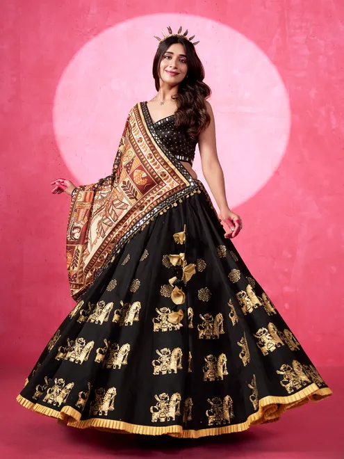 Black silk navratri lehenga choli with print