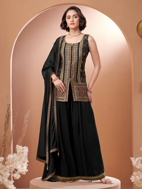 Black silk palazzo suit with resham detailing