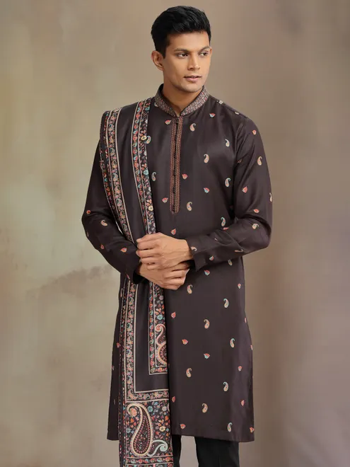 Black pashmina silk printed kurta pajama with dupatta