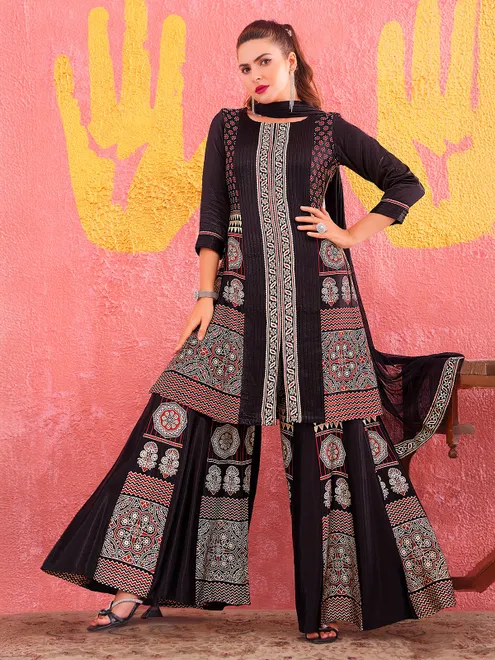 Black silk printed palazzo suit with elegant festive charm