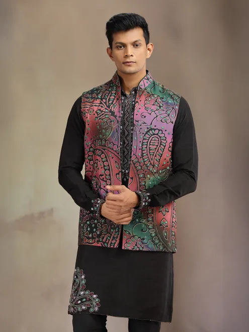 Black silk printed waistcoat set for wedding wear