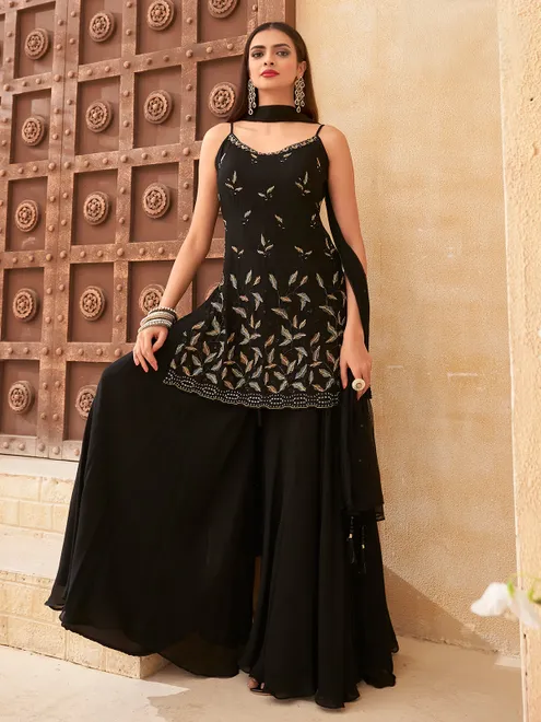 Black silk reception wear palazzo suit