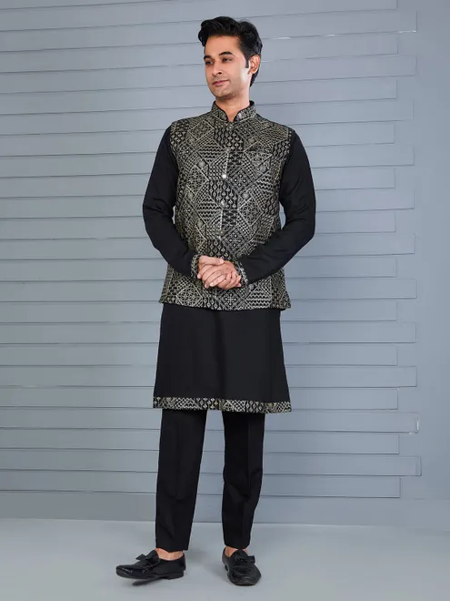 Black rayon cotton resham and sequin waistcoat set