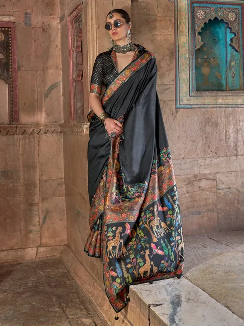 Black silk saree with colorful motif print