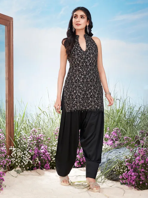 Black silk sleeveless stand collar embroidered salwar suit