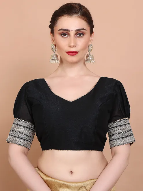 Black silk V neck ready made blouse with sequins weaving