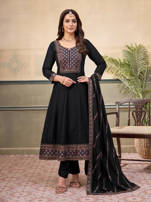 Black silk yoke style anarkali festive suit