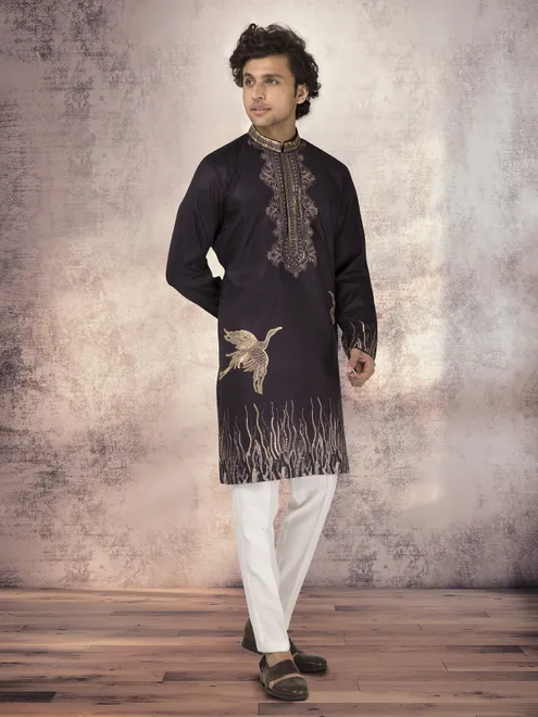 Black silk zari printed kurta suit for festive wear