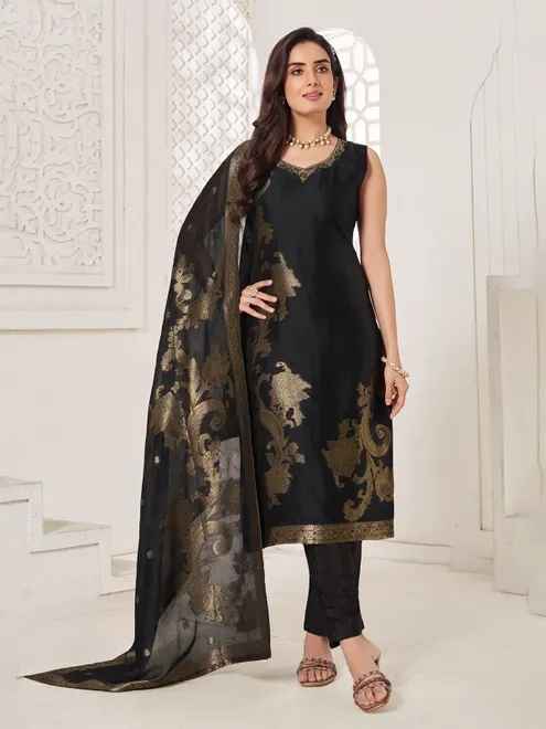 Black slk salwar suit with zari shine