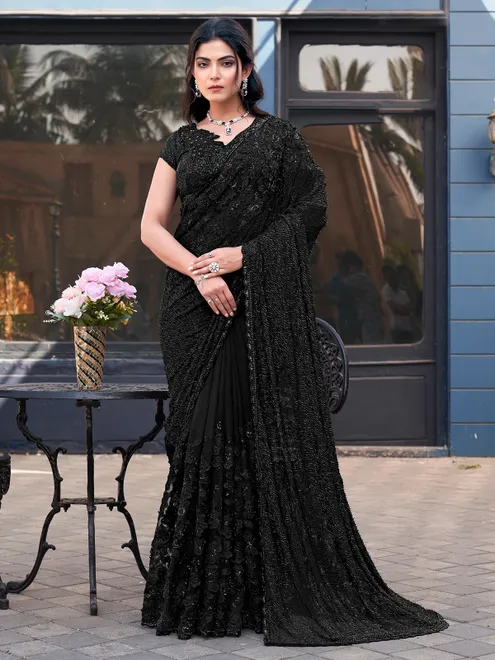 Black soft net saree with beads cutdana detailing