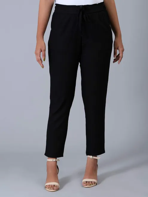 Black solid linen casual pyjama