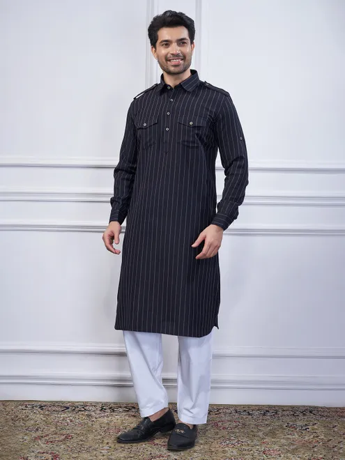 Black stripe cotton pathani set for men