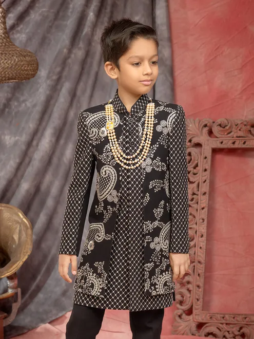 Black terry rayon boys indowestern resham detailing