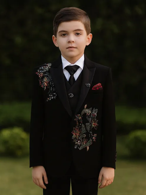 Black terry rayon coat suit for boys wedding wear
