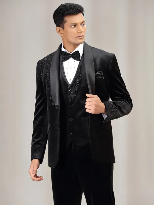 Black terry rayon coat suit for wedding with diamond work