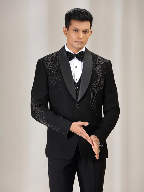 Black terry rayon coat suit with bead work