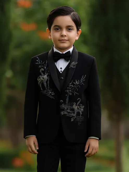 Black terry rayon coat with embellishments