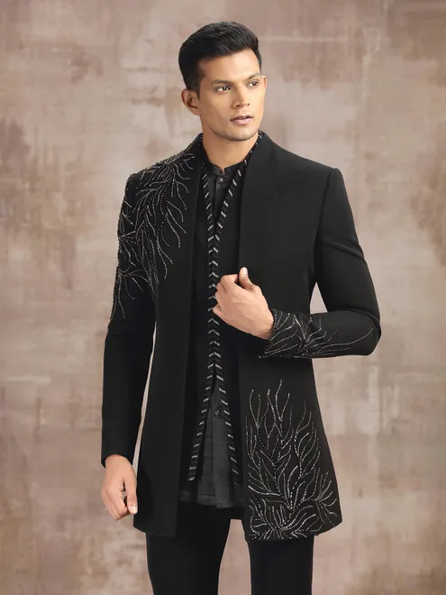 Black terry rayon indo western with beads and stone work
