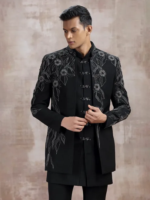 Black terry rayon indo western with cutdana work