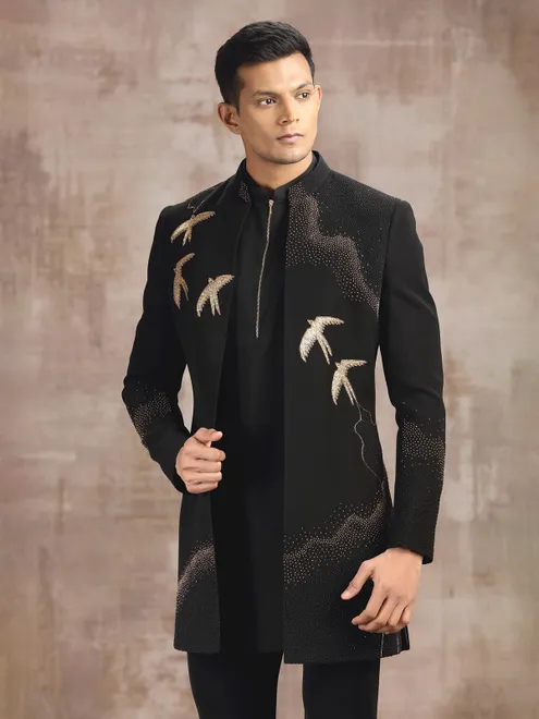 Black terry rayon indo western with zardosi work