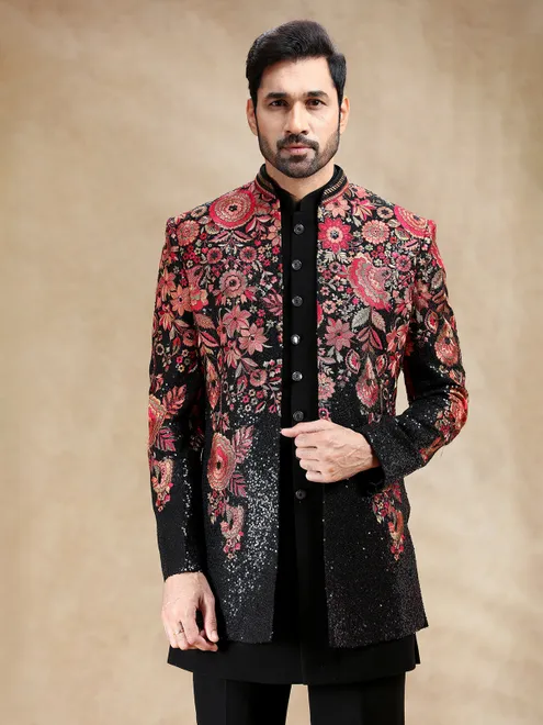Black terry rayon indowestern set with attractive embroidery work
