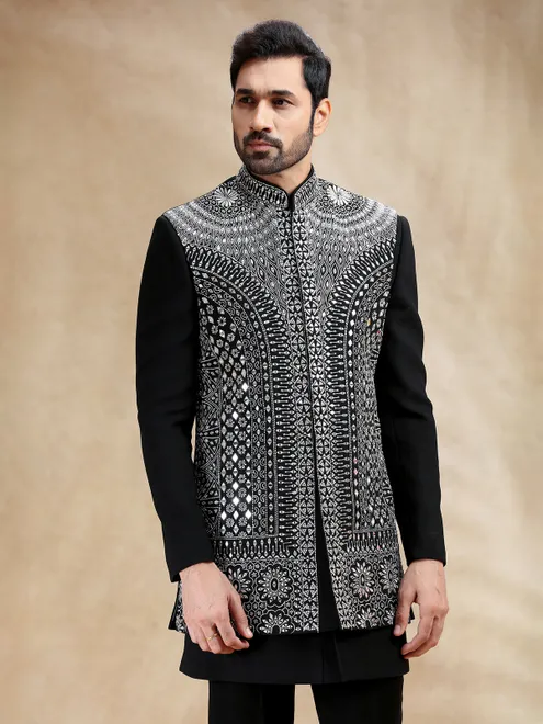 Black terry rayon indowestern set with bold resham work