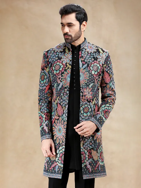 Black terry rayon indowestern set with multicolor embroidery