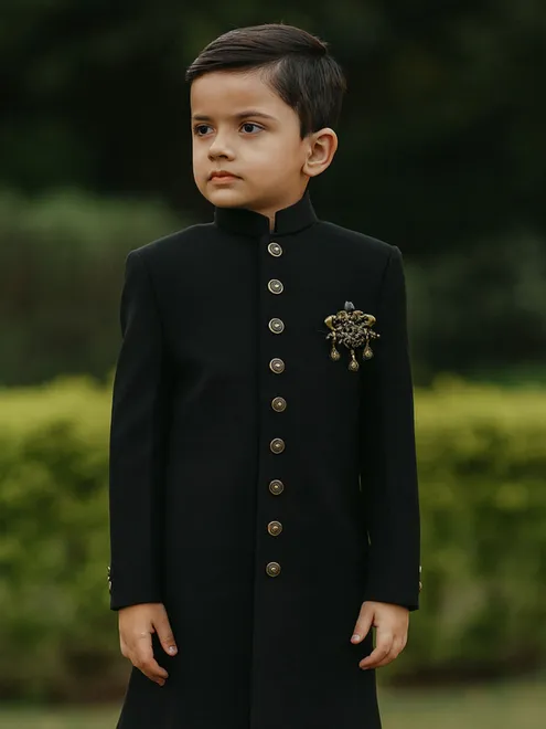 Black terry rayon indowestern suit for boys