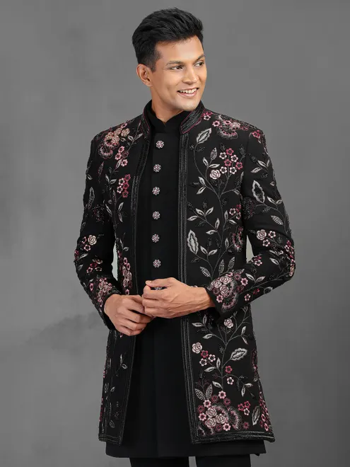 Black terry rayon indowestern suit for reception