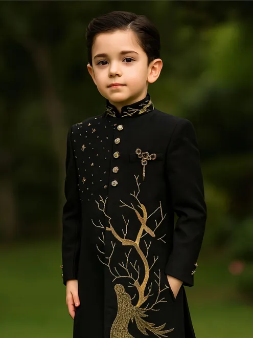 Black terry rayon indowestern suit with cutdana work