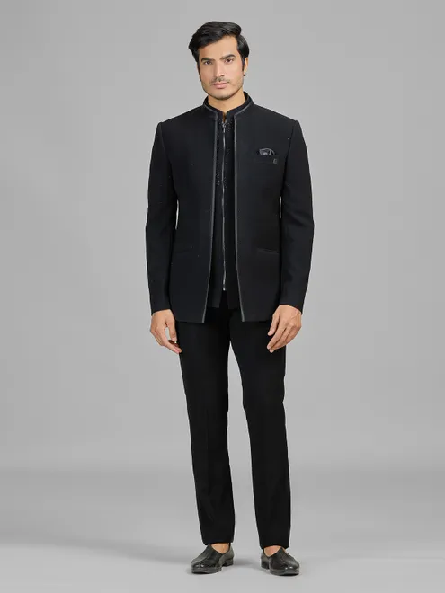 Black terry rayon jacket style jodhpuri suit