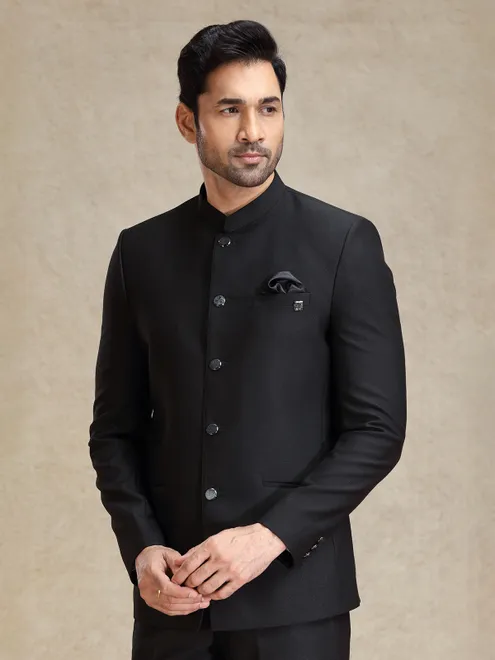 Black terry rayon jodhpuri suit for reception